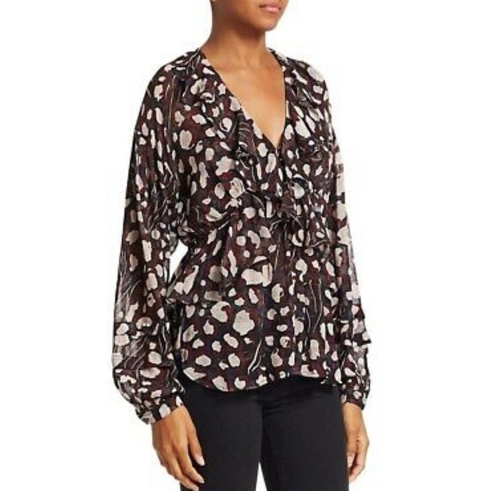 IRO animal print ruffle trim Realize Blouse top v-neck sheer blouse - Picture 12 of 13